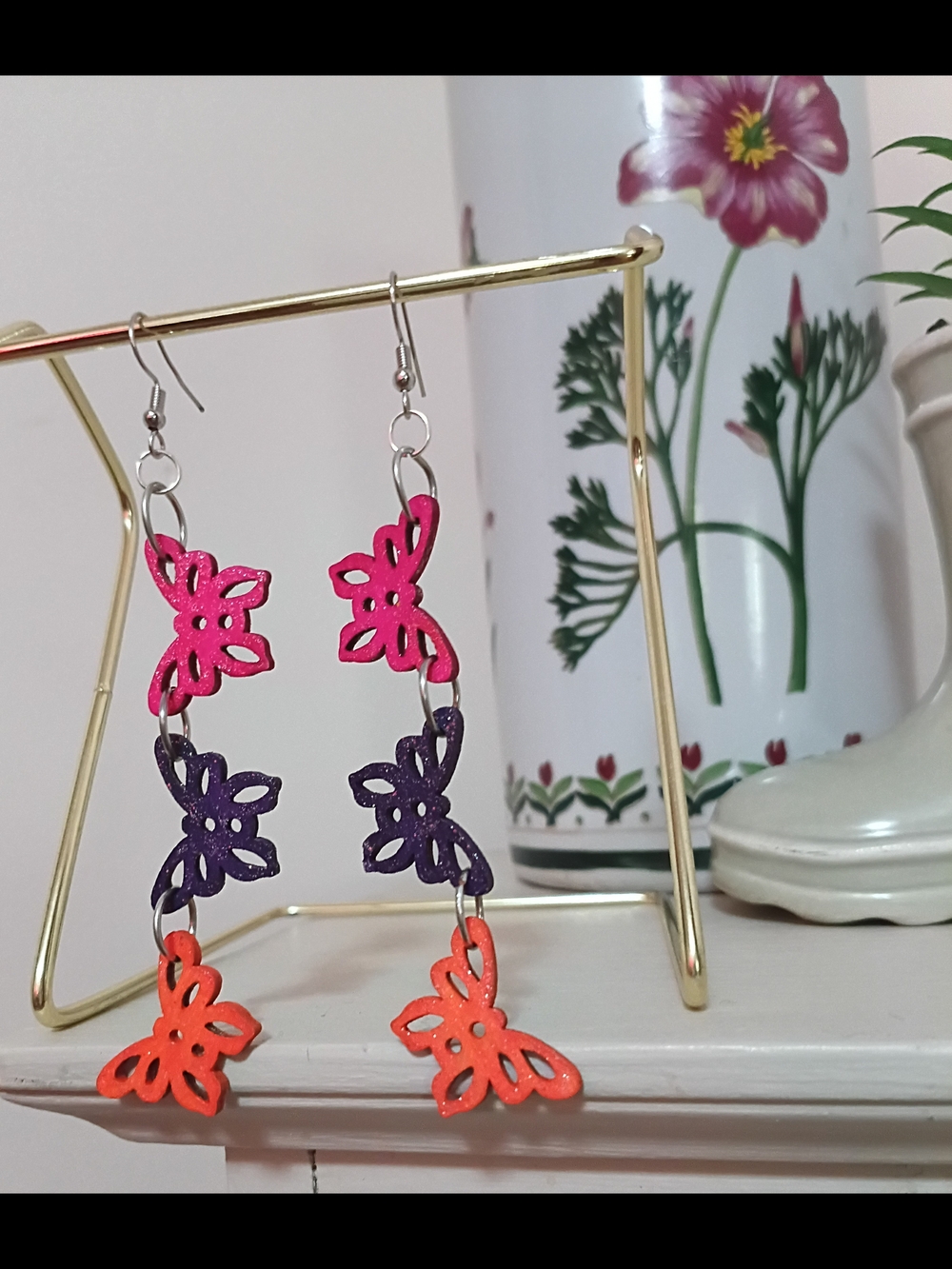 Handcrafted Pink Purple Orange Butterfly Drop Earrings - Unbranded
